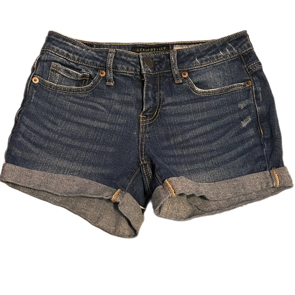 Aeropostale Medium Wash Cuffed Denim MIDI Shorts - Picture 2 of 5